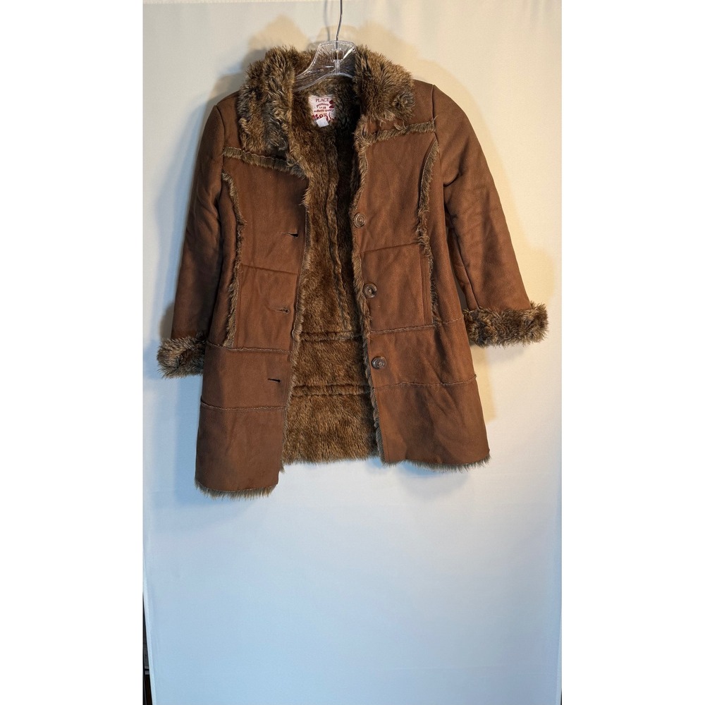 The Childrens Place Girls Brown Faux Suede Fur Trim Coat Jacket Size S 5/6